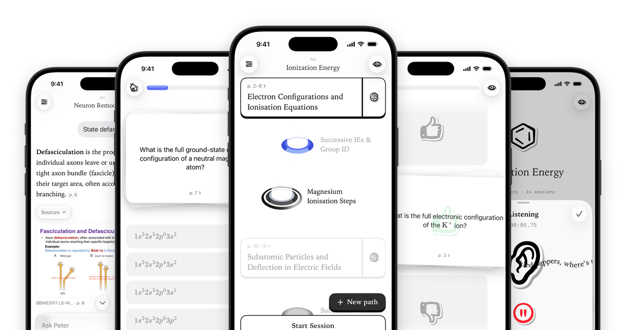Peter on iPhone: an Ask Peter answer with its source, a quiz question, a learning path, a flashcard, and recording a lecture