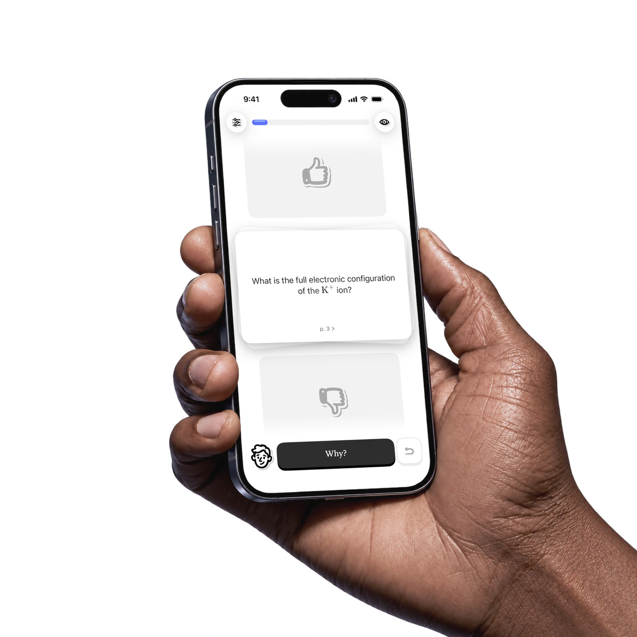 A hand holding an iPhone showing a Peter flashcard